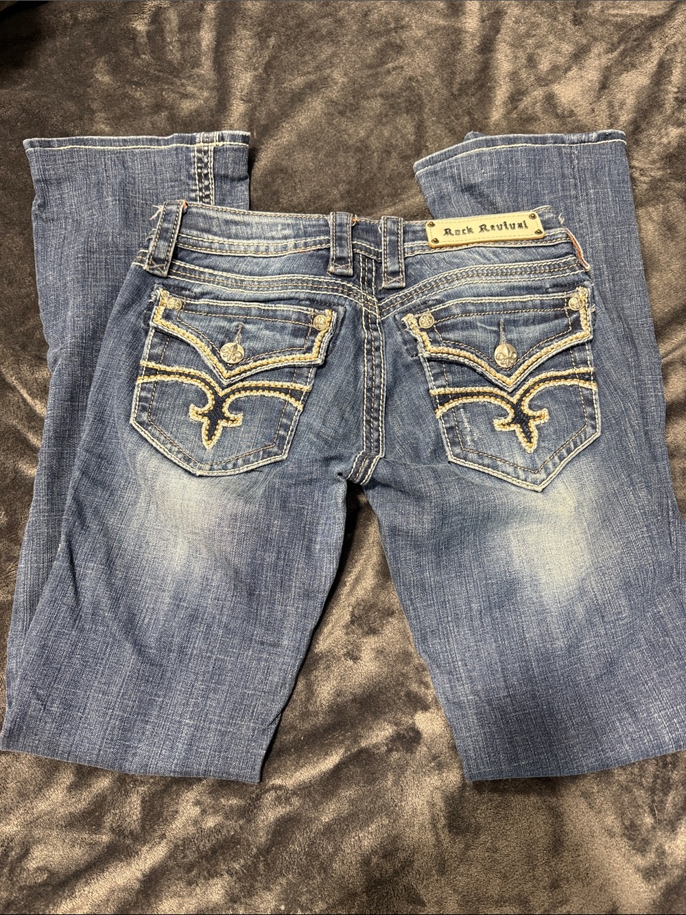 Rock Revival Medium Blue Lois Boot Cut Jeans Size 27 with Embroidered Pockets